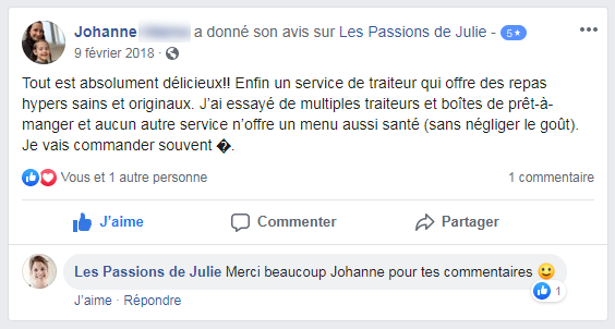 Johanne (nom d'une cliente) donne 5 étoiles aux Passions de Julie, la compagnie de menus santés livrés à domicile.